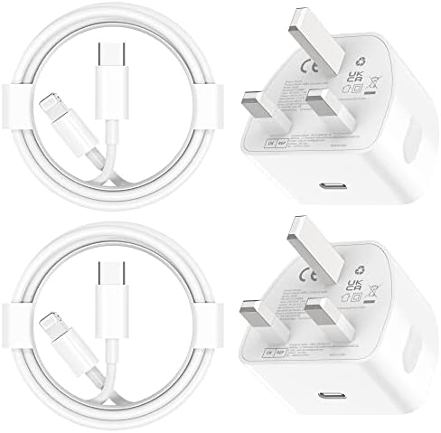 iPhone Charger, 20W 2-Pack Fast Plug with 1M Cable for iPhone 14/14 Pro/14 Pro Max/14 Plus/13 12 11 X XR XS SE 2020 8 7 6 6S Mini, Pad Pro, USB Type C Wall Charging PD Adapter UK, 3FT Cord