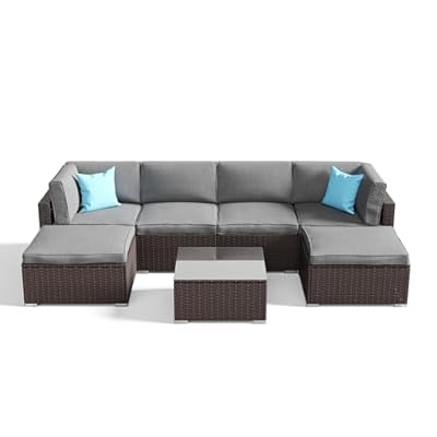 COSIEST 7-Piece Outdoor Patio Furniture Set, All-Weather PE Rattan Sectional Sofa w/Dark Grey Cushions & Glass Coffee Table, Modular Wicker Conversation Set for Backyard, Garden, Pool?2 Pillows?