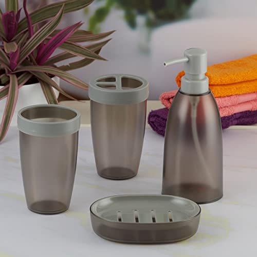 Image of Kookee Acrylic Bathroom Set - Stylish 4 Piece Bath Accessories Kit with Soap Dispenser, Toothbrush Holder, Tumbler & Soap Dish - Modern & Designer Decor for Home & Guest Bathrooms (8663)