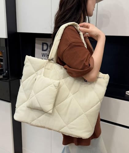 Image of Quilted Tote Bag Set for Women, Puffer Shoulder Bag with Crossbody Purse and Small Pouch, Lightweight Travel Work Gym Handbag