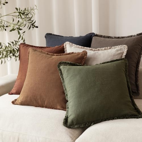 Image of Foindtower Set of 2 Decorative Linen Fringe Throw Pillow Covers Boho Farmhouse Cushion Cover with Tassels Soft Accent Pillowcase for Couch Sofa Bed Living Room Home Decor,18x18 Inch,Orange Brown