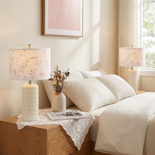 Image of PoKat 23'' Table Lamp with Flower Lampshade for Night Stands, Birthday Gifts for Women Mom, House Warming Gifts New Home Decor, Ceramic Lamp for Living Room, Modern Bedroom Lamp for Nursery