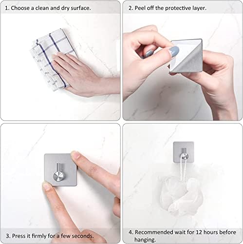 UKALOU Self Adhesive Hooks, Silver Adhesive Bathroom Shower Wall Towel Door Hooks Heavy Duty Waterproof Stainless Steel Kitchen Self Adhesive Sticky Hooks for Towel Robe Loofah Washcloth Coat - 4 Pcs