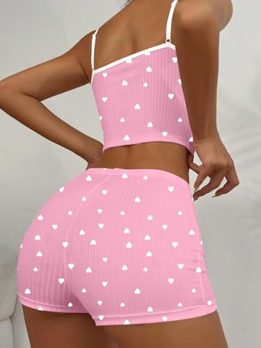 Image of Hilinker Womens Graphic 2 Piece Pajama Set Summer Cute Crop Cami and Shorts Ribbed Lounge Sets
