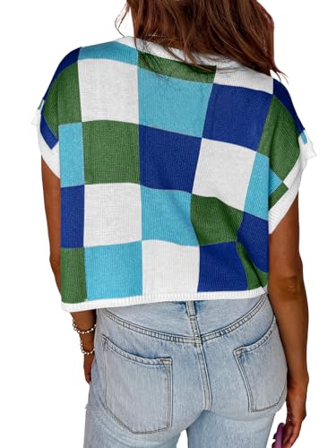 Image of Saodimallsu Womens Cap Sleeve Crop Tops Summer Color Block Going Out Crew Neck Knit Trendy Casual Sweater