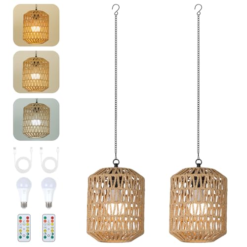 Rayofly 2 Pièces Lampe Suspendue Rechargeable Intérieur, Lampe à Suspendre Boho avec Batterie, Suspension en Rotin sans Alimentation Électrique, Lampes de Jardin...