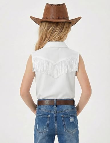 Image of Girls Fringe Shirt Sleeveless Button Down Western Cowgirl Tassel Trim Casual Blouse Shirt Top 4-13Y