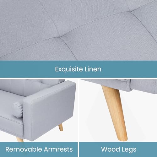 CROWNSHOP 3 Seater Sofas Modern Sofa Beds with Wooden Legs Adjustable Angle Sofas & Couches With 2 Armrests for Living Room/Spare Room/Guest Room Light Gray - Image 5