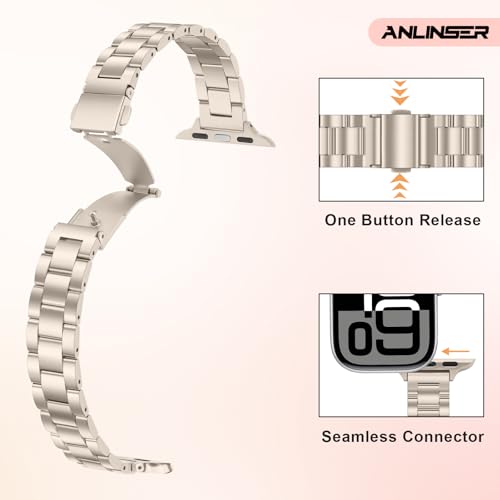 Image of Anlinser Bands Compatible with Apple Watch Band 42mm 41mm 40mm 38mm, Women Slim Stainless Steel Metal Strap for iWatch Series 10 9 8 7 6 5 4 3 2 1 SE (Starlight)