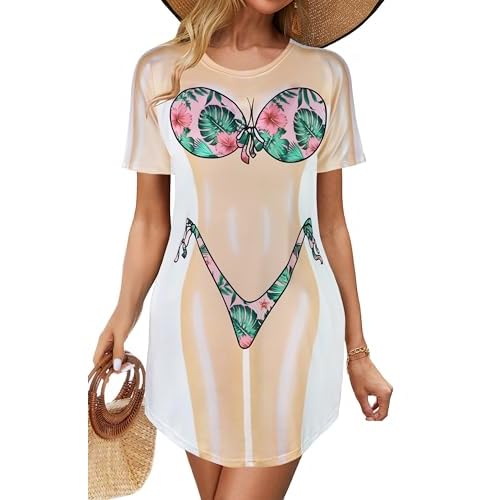 elescat Women's Beach Cover Up Bikini Printed Short Sleeve Tshirt Dress Baggy Cute Coverups Small Green Leaves