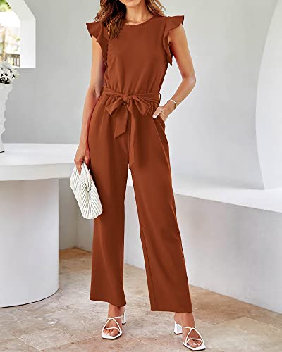 Btfbm Women Jumpsuits Crew Neck Ruffle Cap Sleeve Belted High Waist Wide Leg Romper With Pockets One Piece Casual Outfits(Solid Rust Red, X-Large) #TOP6