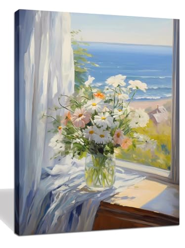RUIFENGL Bathroom Wall Art White Pink Flower in Bottle Blue Sea Pictures Canvas Prints Wall Art for Bedroom Watercolor Paintings Artwork Ready to Hang Country Home Office Decor 12"x15" Small