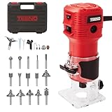TEENO Wood Router, 650W Compact Router Tool for Woodworking, Hand Wood Trimmer with 12Pcs 1/4' Bits Set, 6 Speeds, Edge & Roller Guide, Portable Tool Box, Dust Hood