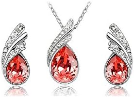 Crystal Droplet Silver and Red/Orange Elegant Earrings & Necklace Jewellery Set