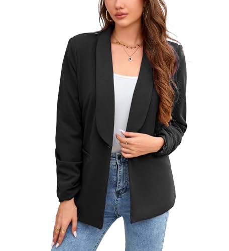 Yesfashion Women Long Sleeve Blazer Open Front Cardigan Jacket Work Office Blazer Black