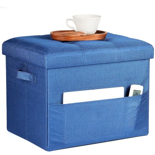 Image of Bsketa Storage Ottoman Bench,17 inch Folding Linen Foot Rest Stool,Dark Blue | Small Ottoman with Side Pockets, Thicker Foam Padded Seat, Livingroom, Dorm, Bedroom, Easy to install, 43L,17 x 13 x 13in