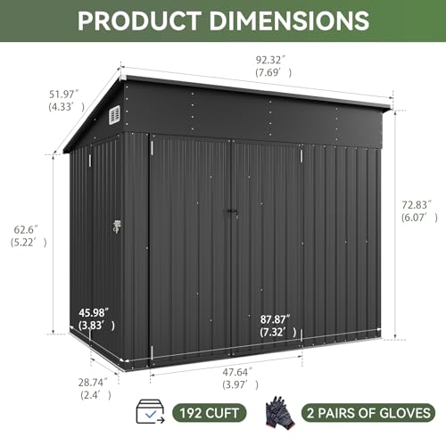 Aoxun 7.5'x4' Triple Door Shed Outdoor Storage Shed with Three Lockable Door for Easily Accessing Metal Storage Cabinet with Slopping Roof for Tools Bicycles Storage for Garden, Backyards (Black)