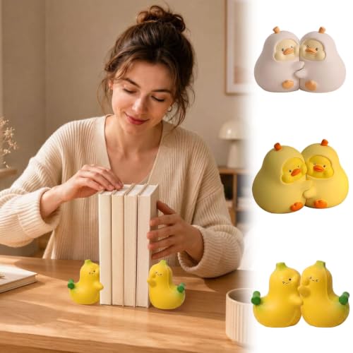 Cute Hug Animal Bookends, Heavy Duty Resin Book Holder Stopper for Heavy Books, Decorative Book Ends for Kids Desk Bookshelf, Multiple Cartoon Styles, Ideal Birthday, Yellow Pear Duck - Image 7