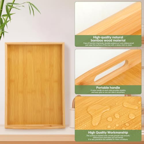 Tablett Serviertablett, holztablett rechteckig, Bambus tablett, Serviertablett groß, aus hochwertigem Holz für Küche, Wohnzimmer oder als Dekoration. Mit Griffen für sicheres Tragen. (Natur) – Bild 3
