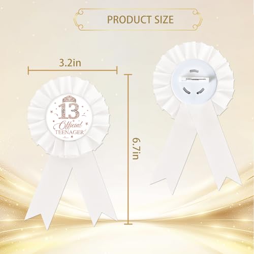 Happy 13th Birthday Tinplate Badge Pin, Official Teenager Birthday Button Pin, Rose Gold Crown Happy Birthday White Rosette Badge Pin for Girl, Brooch Buttons for Thirteen Birthday Party3