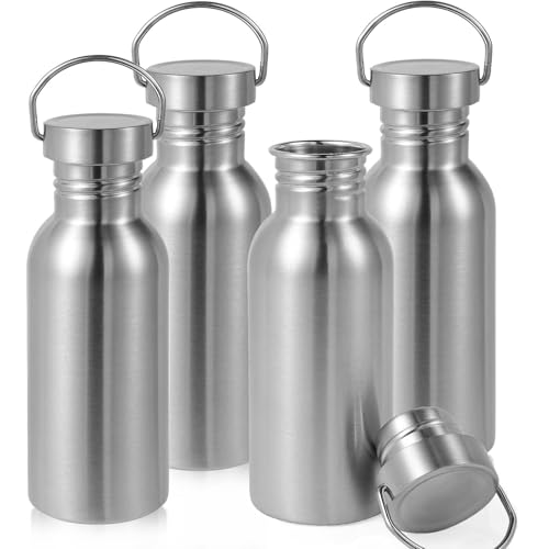 Volhoply Botella de agua de una sola pared sin aislamiento de 20 onzas, paquete de 4, botellas de agua reutilizables de acero inoxidable con asa, sin BPA y sin plástico, botellas de agua de metal 18/8