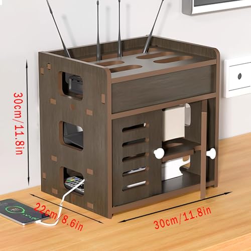 Boîte rangement routeur et décodeur TV en bois marron 30cm avec cache-câbles intégré