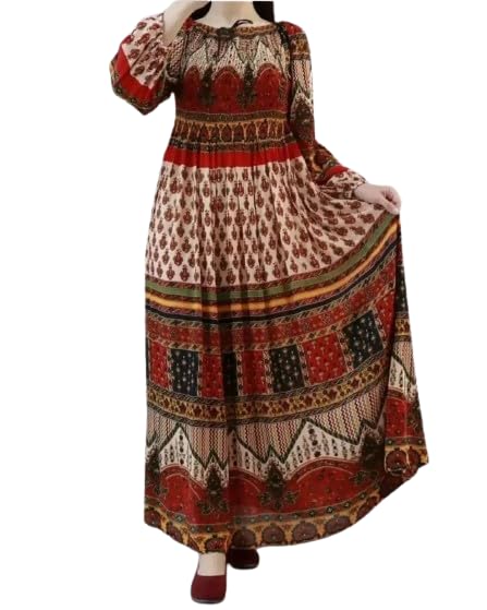 Image of Women's Cotton Dress Jaipuri Sanganeri Print Midi Long Dress Printed Fit and Flare Maxi Dress A-Line Gown Dress Maxi Skirt, Mandala (Free Size)