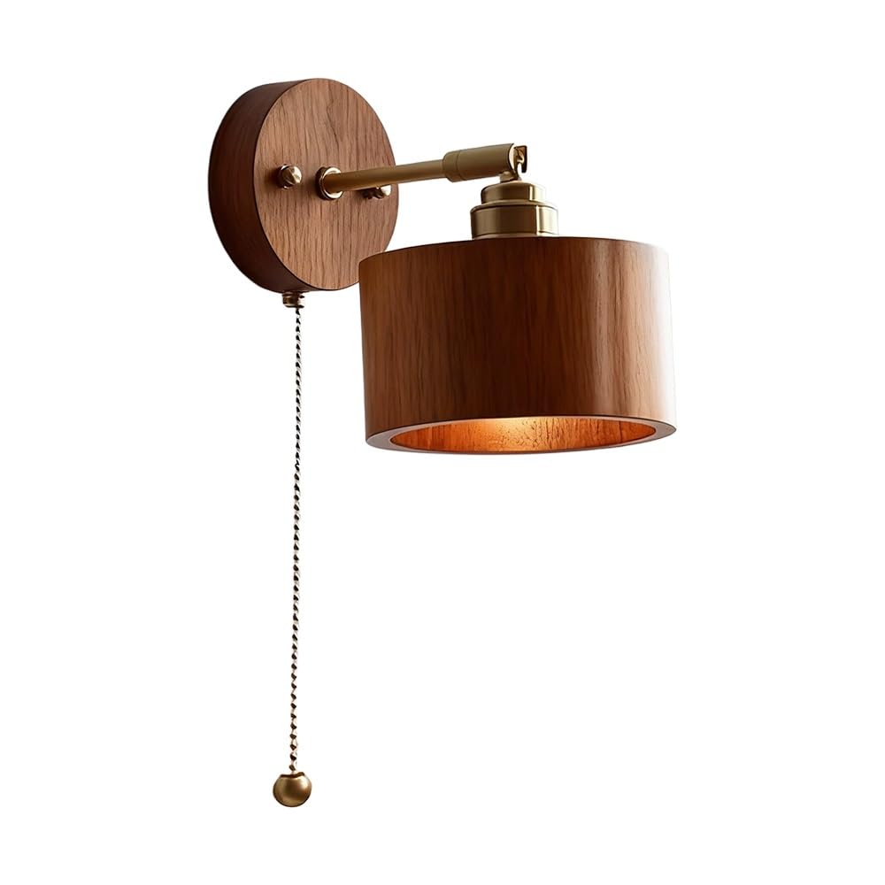 SXECAEPS Wood Wall Sconce with Pull Chain Switch Adjustable Mount Reading Light, Gold Metal Sconces Lighting Fixture Bedside Living Room Lamps, E27 Headboard Lights(Wood Color)