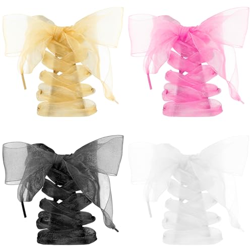 4 Pairs Fashion Shoelaces Casual Ribbon Flat Snow Yarn Shoelace Soft Silk Stain Organza Shoestrings for Ladies Women Girls Sneakers