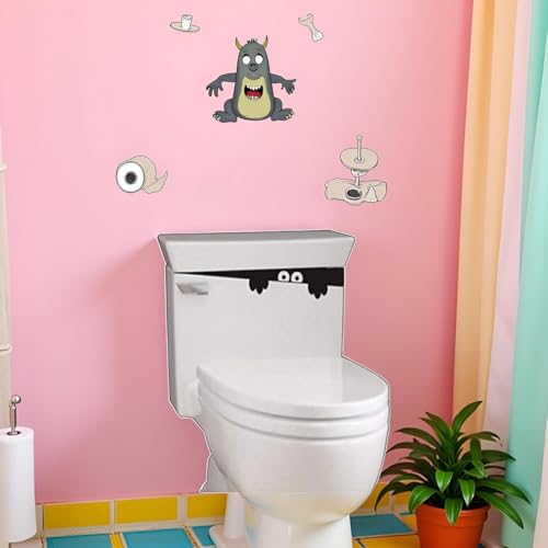 Blalck 3D-Toilettenmonster, lustiger Badezimmersitz-Dekor, abnehmbarer Aufkleber, Wandkunst, WC-Deckelaufkleber, 2 Stück