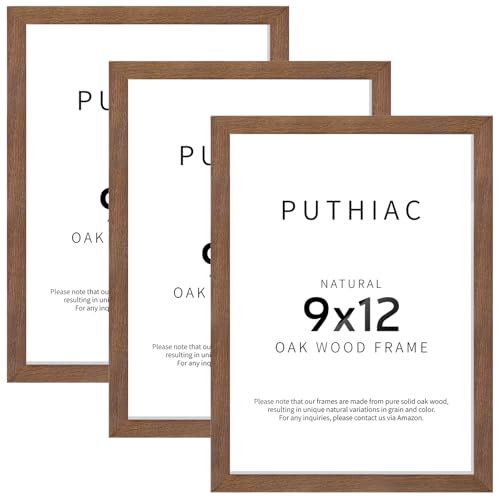 puthiac 9x12 Oak Wood Picture Frams - Minimalist 9x12 Oak Wood Frames, 9"x12" Picture Frame Wood, Natural Solid Wooden Picture Frames for Wall Art Photo and Prints(3 Pack, Walnut)