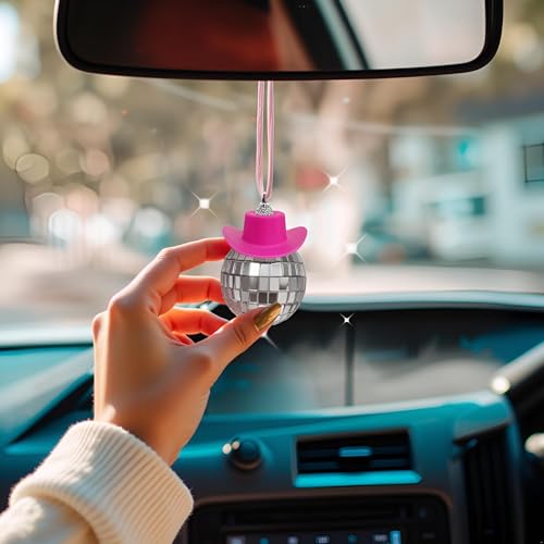 Image of Pink Disco Ball Car Accessory, Disco Car Mirror Ornament, Disco Cowboy Hat Car Charm, Car Disco Decor, Disco Ball for Car Mirror Decor, Disco Car Charm Car Mirror Hanging Accessories