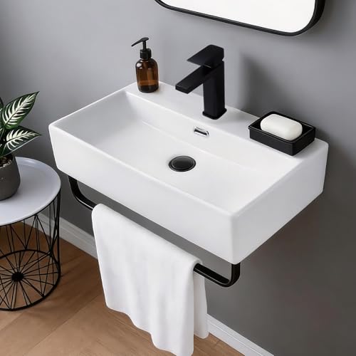 Zyreoney 24"x14"Wall Mount Sink with Towel Rack,Small Wall Mounted Bathroom Sink,Wall Hung Ceramic White Rectangular Floating Wash Hand Basin Small Bathroom Sink Lavatory Vanity With Overflow by Zyreoney - Image 3