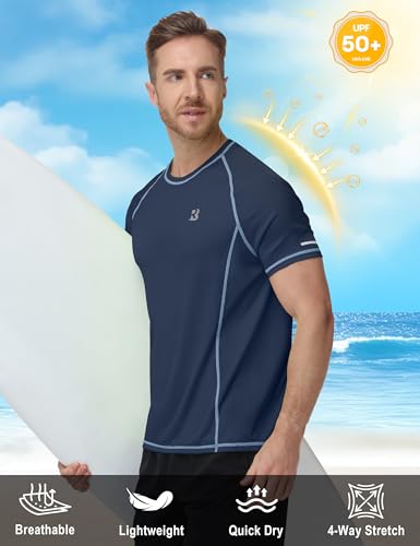 Image of Roadbox Men's Short Sleeve Swim Shirt, UPF 50+ Quick Dry Rash Guard, UV Sun Protection Water T-Shirt for Beach and Surfing