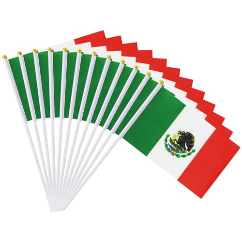 12 Pack Small Mexican Flags on Stick 5.5 x 8.2 Inch Mini Mexico Handheld Flag Weather Resistant Polyester Hand Wave Flags for Parades International Day Cultural Festivals Table Decor Yard & Events