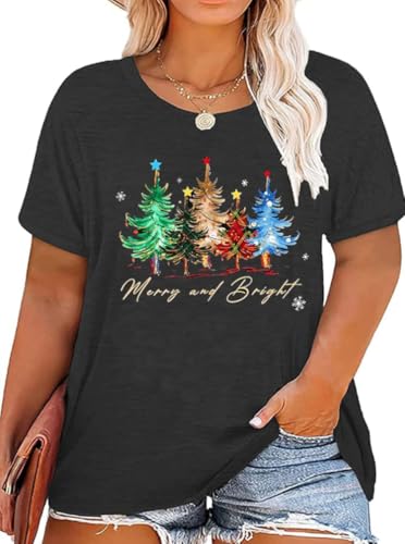 Image of kfulemai Plus Size Christmas Tree Tshirt Womens Merry Christmas Graphic tee Merry and Bright Short Sleeve, Dark Grey-10, 3XL