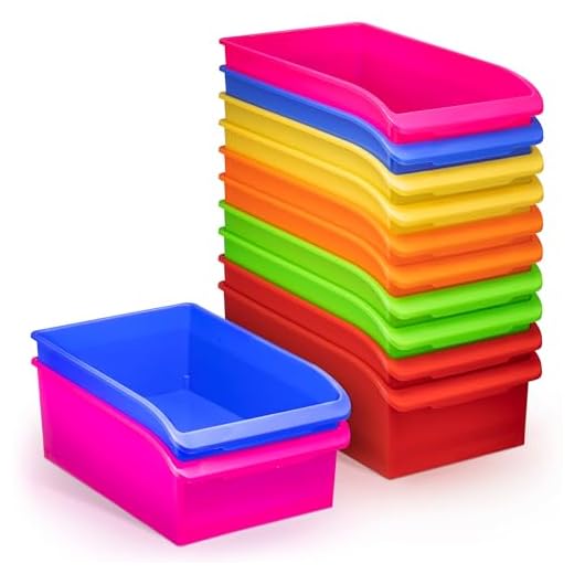 Zilpoo 12 Pack - Large Plastic Book Bins for Classroom with Pull Out Wheels. Library Shelf Storage Organizer Boxes, Bulk Teacher Supplies Toy Baskets, Colored