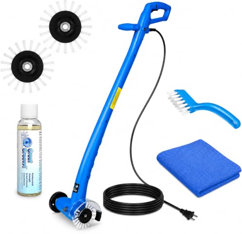 Image of Electric Grout Cleaner | Stand Up Tile Grout Scrubber Bundle | 20' Cord | Stand-Up Grout Cleaner with 20' Cord, 3 Brush Wheels, Hand Brush, Cleaner & Microfiber Cloth for Tile Floors and Grout