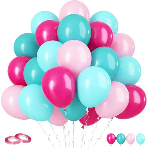 Image of Teal and Pink Balloons, 60PCS Teal Pink Balloon Set, 12 Inch Blue Rose Red White Latex Metallic Confetti Balloons for Baby Shower Birthday Wedding Bridal Shower Hawaii Summer Party Decor
