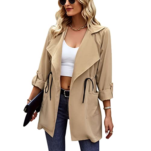 Gabardina con Cuello Vuelto para Mujer, Abrigo Clásico con Solapa, Abrigo con Cordón, Cárdigan Femenino(M-Caqui) Cover
