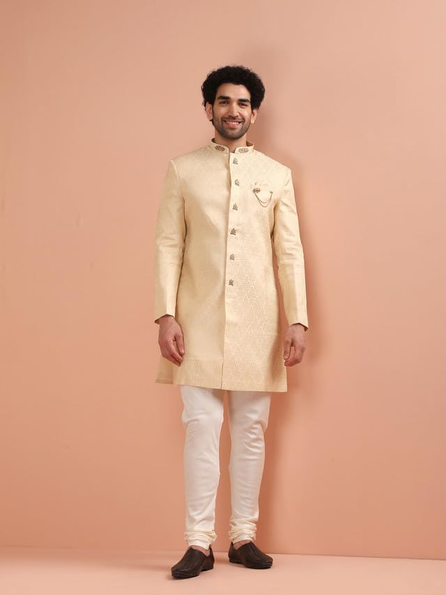 Kisah Men Cream Jacquard Indowestern Sherwani Churidar Set With Ethnic Motifs, 40