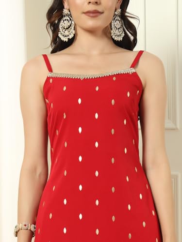 Image of FIORRA Women's Red Crepe Kurta and Palazzo Set with Matching Dupatta
