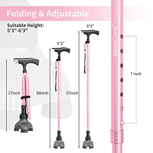 Benecane Walking Cane For Women Folding Cane For Men With Led Light Quad Cane With Stable Base Lightweight And Adjustable Walking Stick With Panic Button (Pink) #TOP4