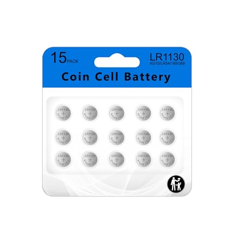 Cotchear 15Count AG10 LR1130 Batteries, High Capacity AG10 SG10 189 389 AG10 LR1130 LR54 V10GA Battery Alkaline Button Coin Cell Batteries