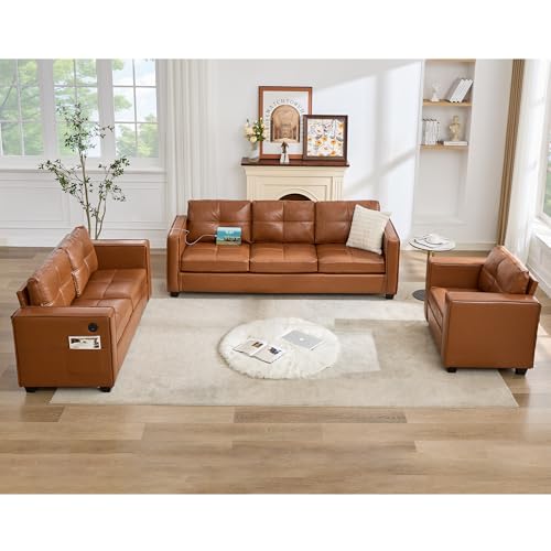 TYBOATLE Brown Leather Sofa Couch Sectional Couches for Living Room, Comfy Sofas with USB USB & Type C Charger, Home Office 3 Piece Living Room Sofa Set for RV Apartment Bedroom