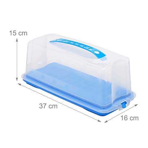 Foto von Relaxdays Kuchenbox eckig, Tragegriff, mit Deckel, für Kastenkuchen, Kuchenbutler, HBT 15 x 37 x 16 cm, blau/transparent