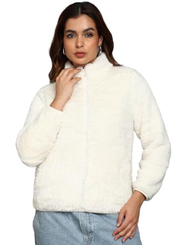 Image of Alan Jones Clothing Women's Fluffy Yarn Fleece Full-Zip Jacket | Soft Lightweight Warm Outerwear with Stand Collar & Piping at Hem & Cuffs