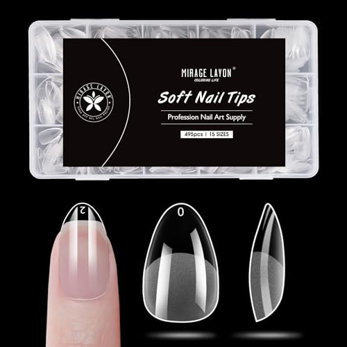 Almond Press On Nails 495 PCS, 15 Sizes Pre-Curved Soft Gel Acrylic Tips, Glueless Fake Nails for Home Salon DIY Kit
