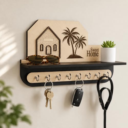 Sweet Home Wooden Key Holder for Wall | Sturdy Metal Hooks | Deco...