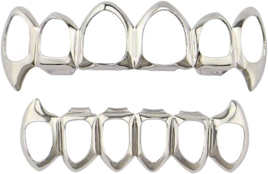 Psivika Gold Plated Shiny Hip Hop Teeth Grillz Caps Iced Out CZ Top and Bottom Vampire Fangs Grillz for Men and Women